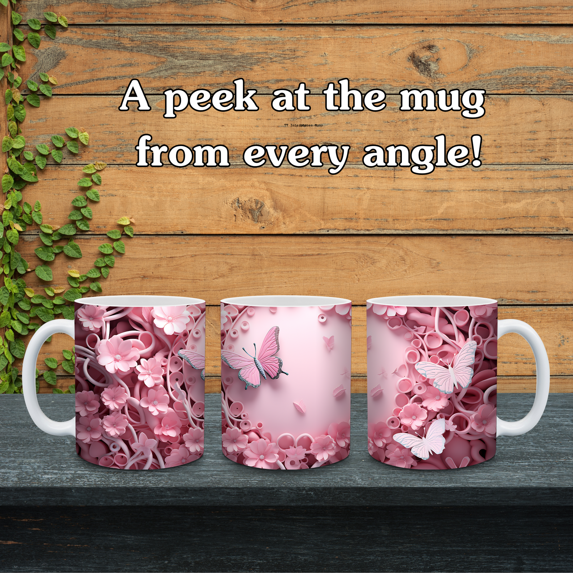 Three pink mugs with butterfly designs on a wooden surface.