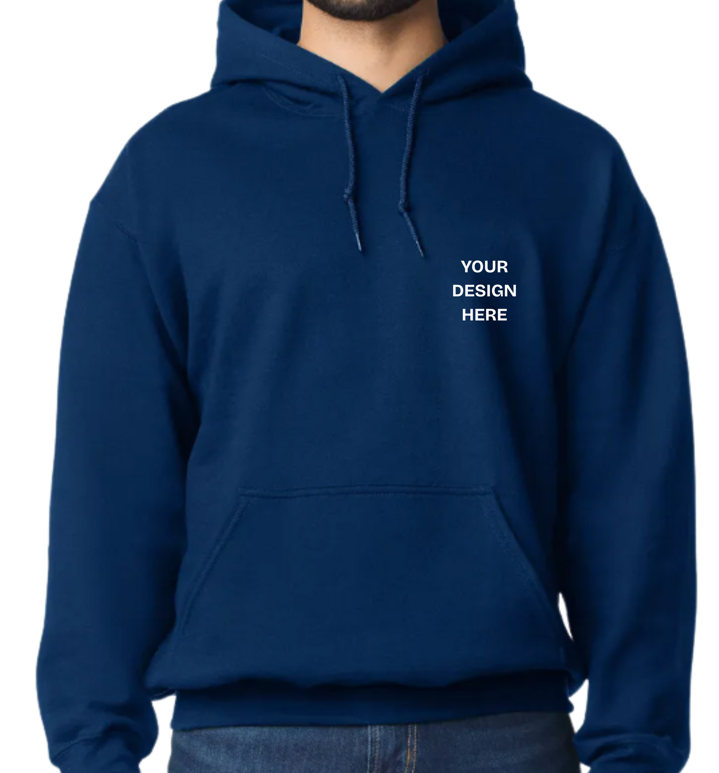 Navy blue hoodie with text 'Your Design Here' on a white background