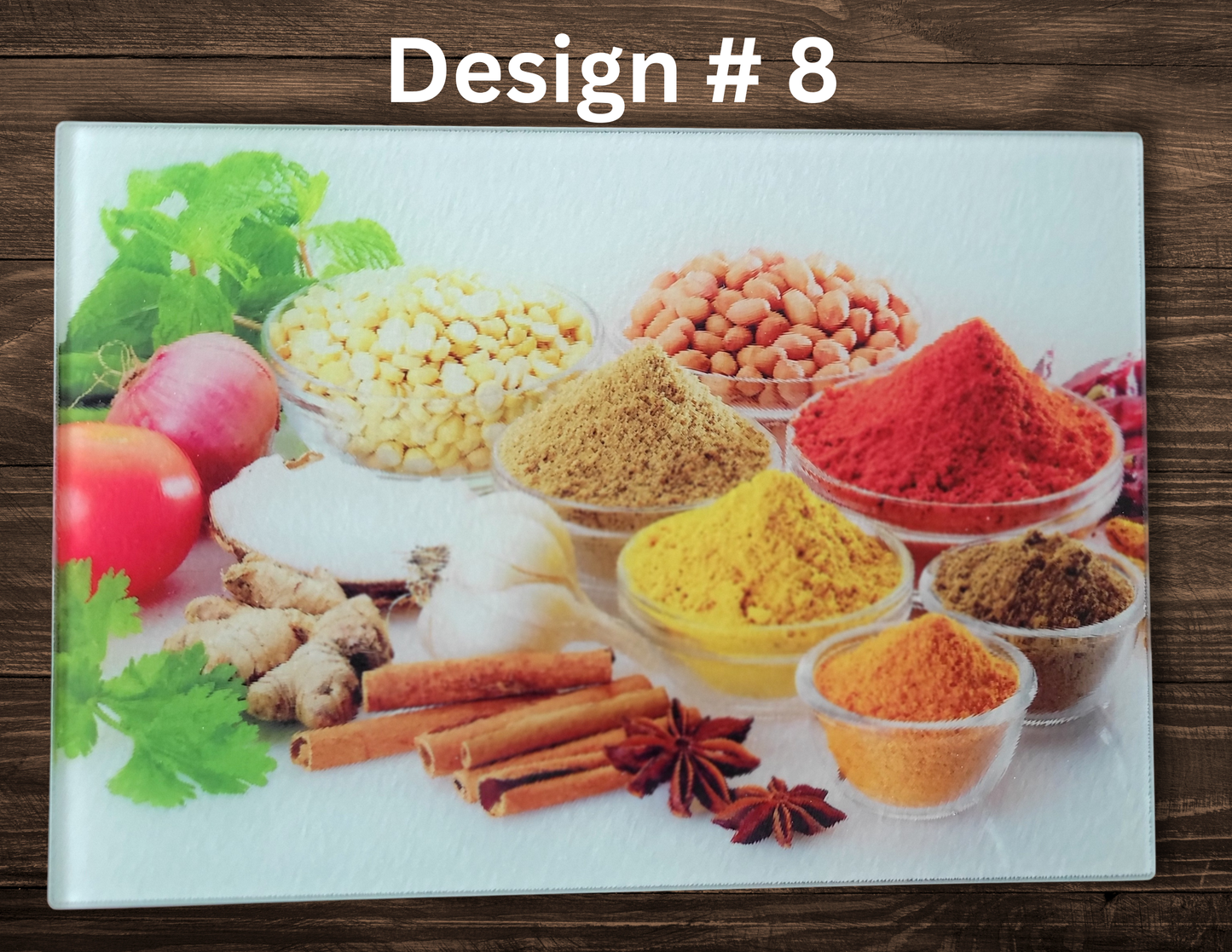 Colorful spices and ingredients on a cutting board with a wooden background
