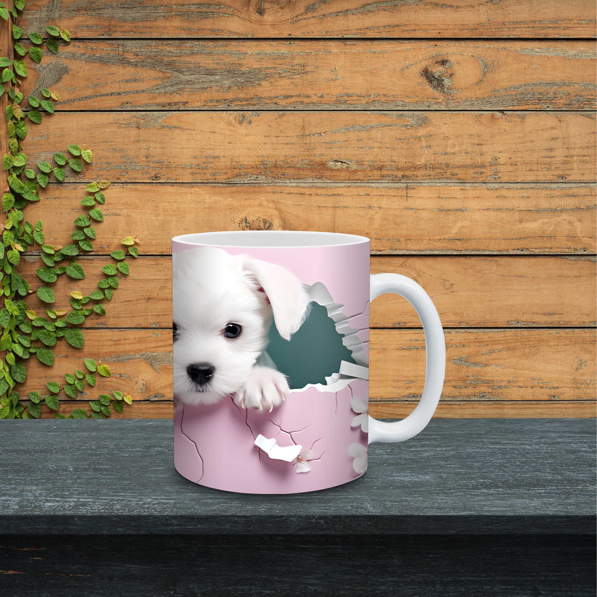 Pink mug with a white dog design on a wooden surface