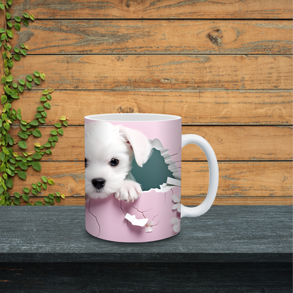 Pink mug with a white dog design on a wooden surface