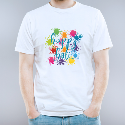 White t-shirt with 'happy holi' colorful design on a gray background