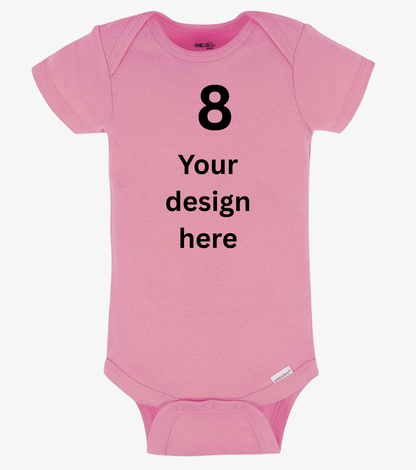 Pink baby onesie with black text on a white background