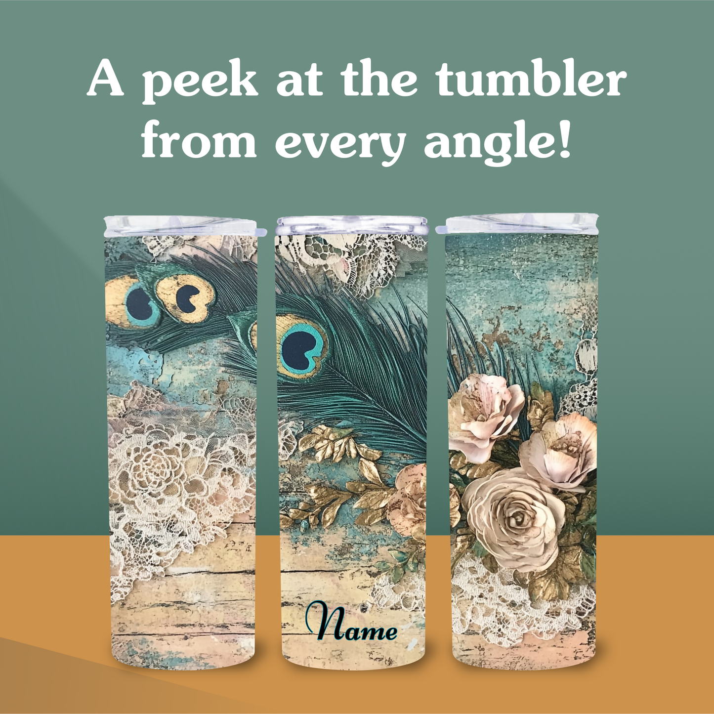 Three tumblers with floral, peacock feather, and nature-themed designs on a green and brown gradient background.