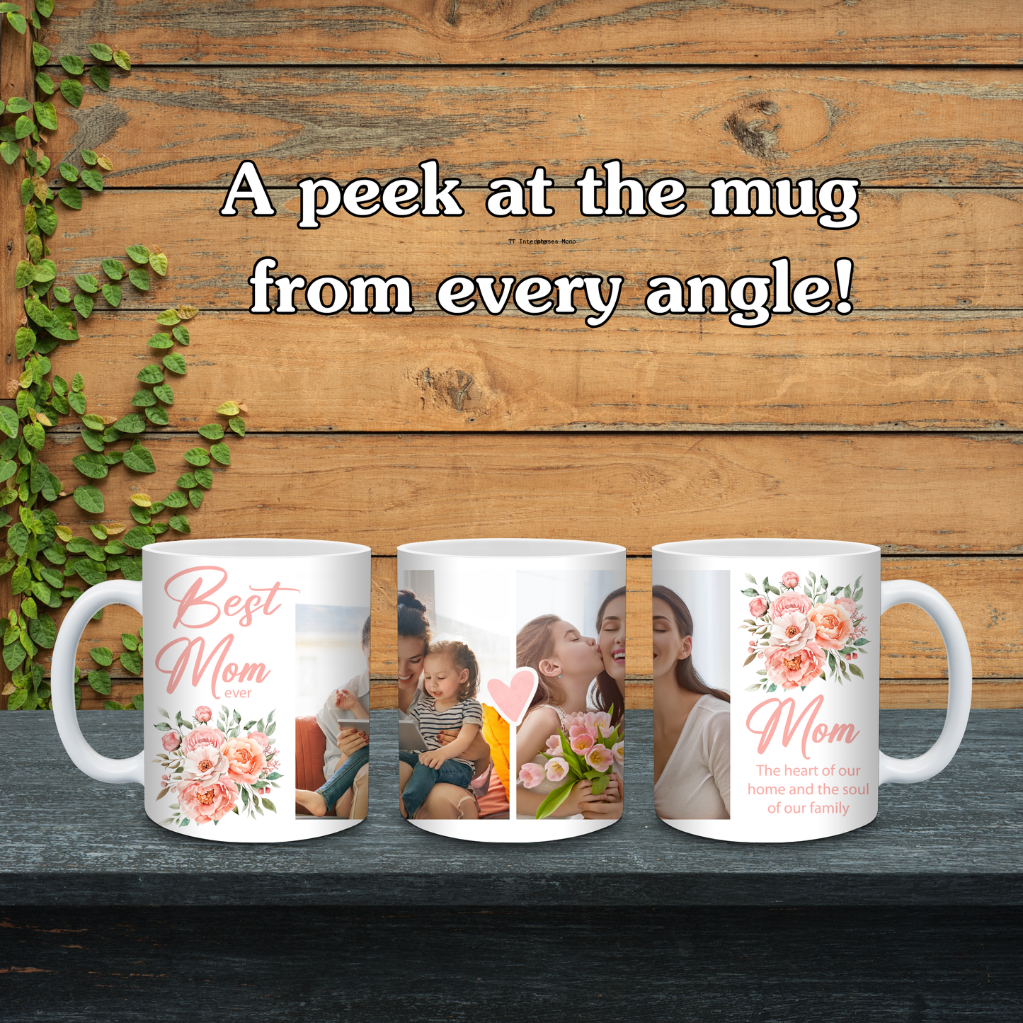 Three mugs with floral designs and text on a wooden background
