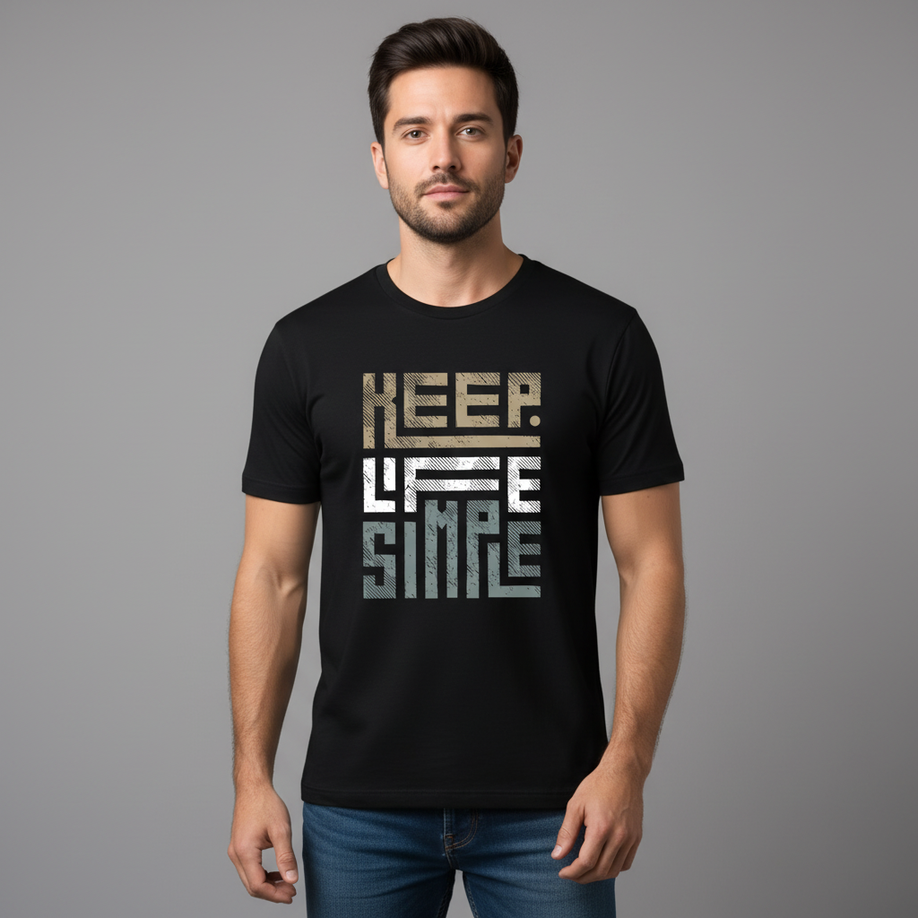 Black t-shirt with 'Keep Life Simple' text on a wooden surface