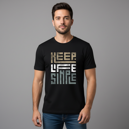 Black t-shirt with 'Keep Life Simple' text on a wooden surface