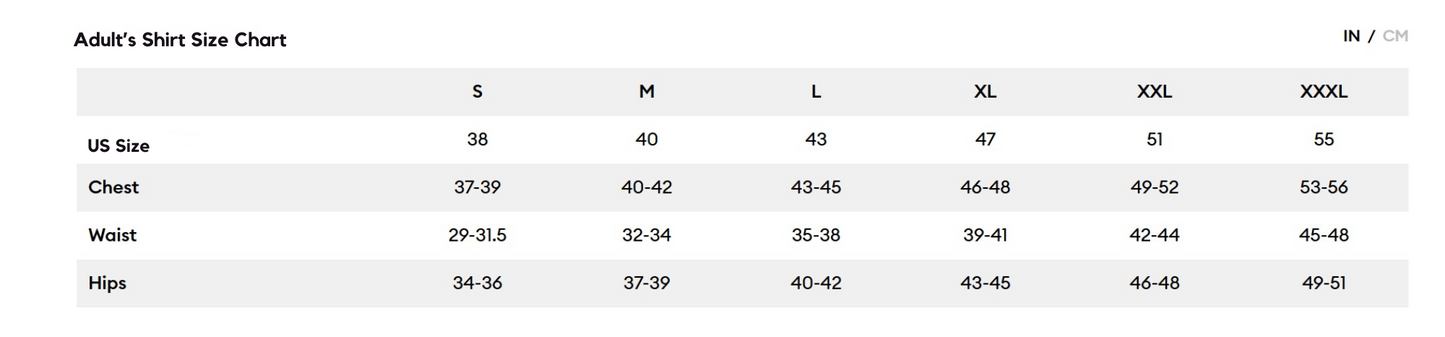 Adult shirt size chart with measurements in inches and centimeters.