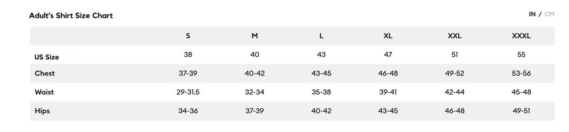 Adult shirt size chart with measurements in inches and centimeters.