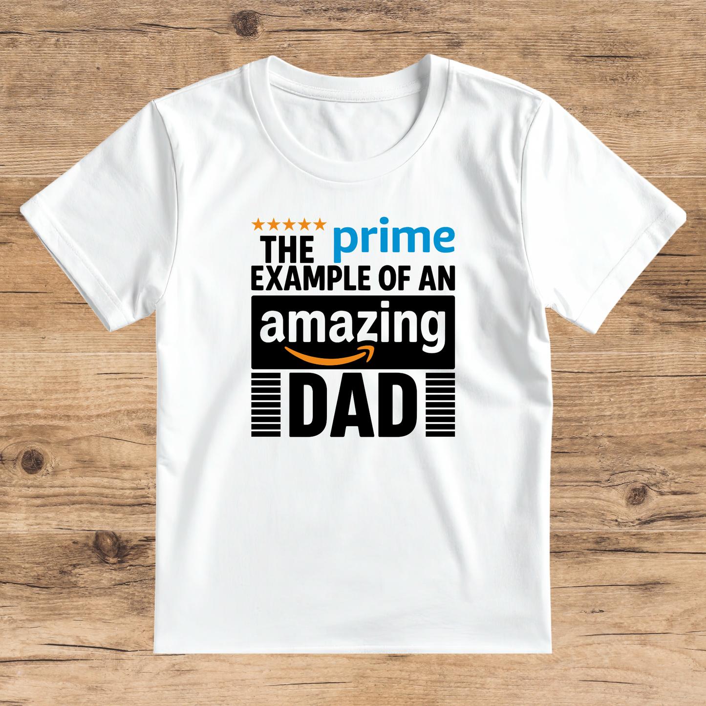 White t-shirt with text on a wooden surface