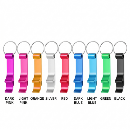 Keychain holders in various colors with labels on a white background