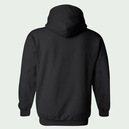 Black hoodie shown from the back on a light gray background