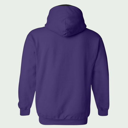Purple hoodie shown from the back on a light gray background