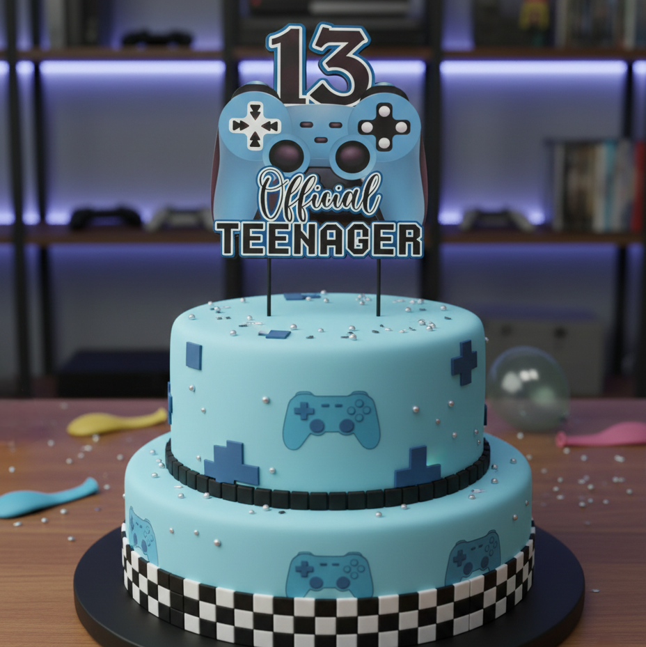 Two-tiered blue birthday cake with gaming theme and '13 Official Teenager' topper.
