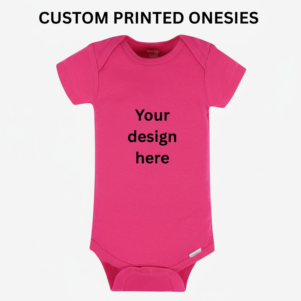 Pink baby onesie with 'Your design here' text on a white background