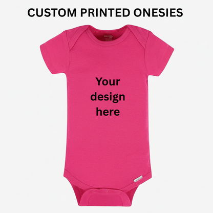 Pink baby onesie with 'Your design here' text on a white background