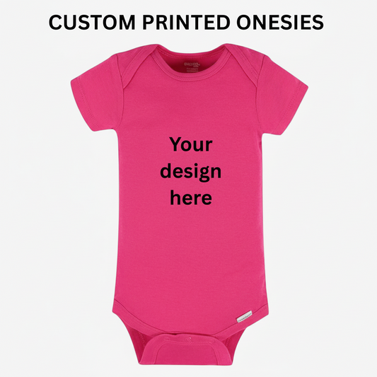 Pink baby onesie with 'Your design here' text on a white background