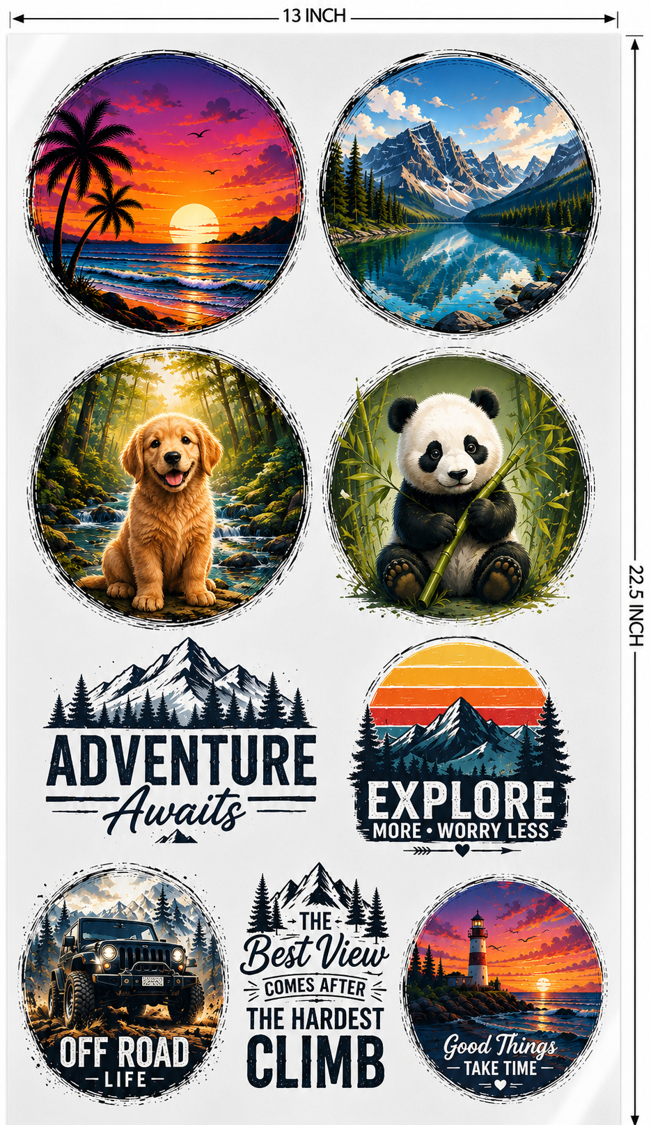 A sheet of circular outdoor-themed stickers or decals on a white background, with dimension markers showing 13 inch width and 22.5 inch height.