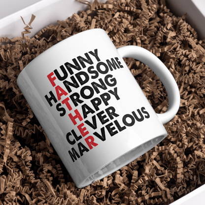 White mug with text on a bed of brown crinkle paper