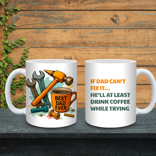 Two white mugs with humorous designs and text on a wooden surface.