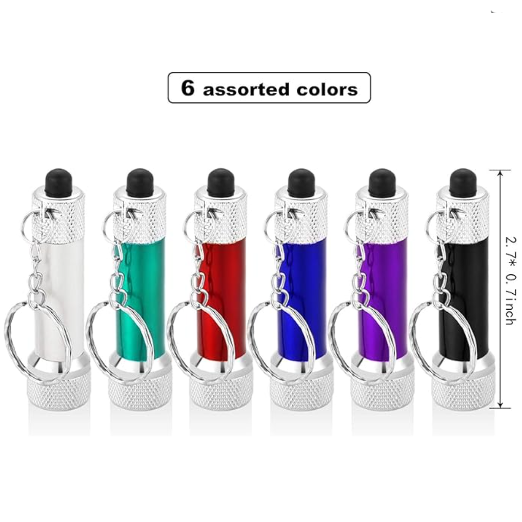 Set of six keychain lighters in different colors with a white background