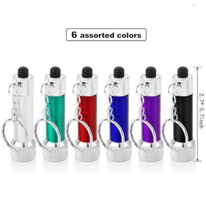 Set of six keychain lighters in different colors with a white background