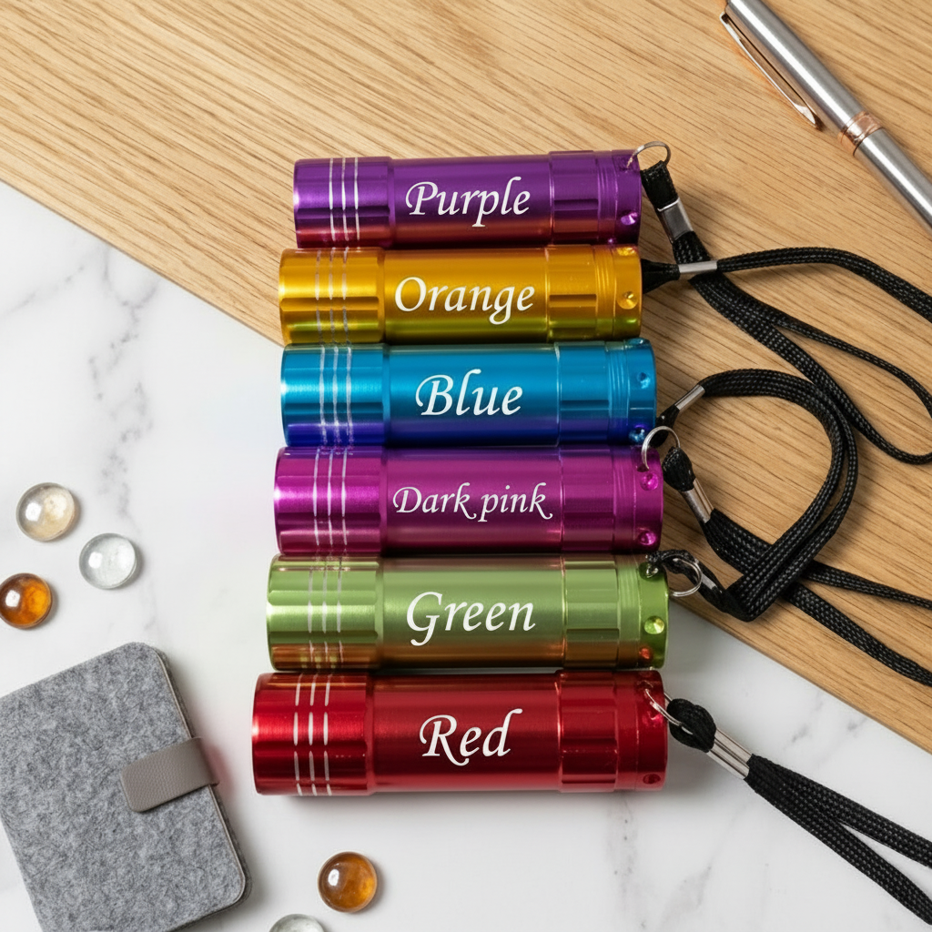 Set of colorful flashlights with labels on a marble surface
