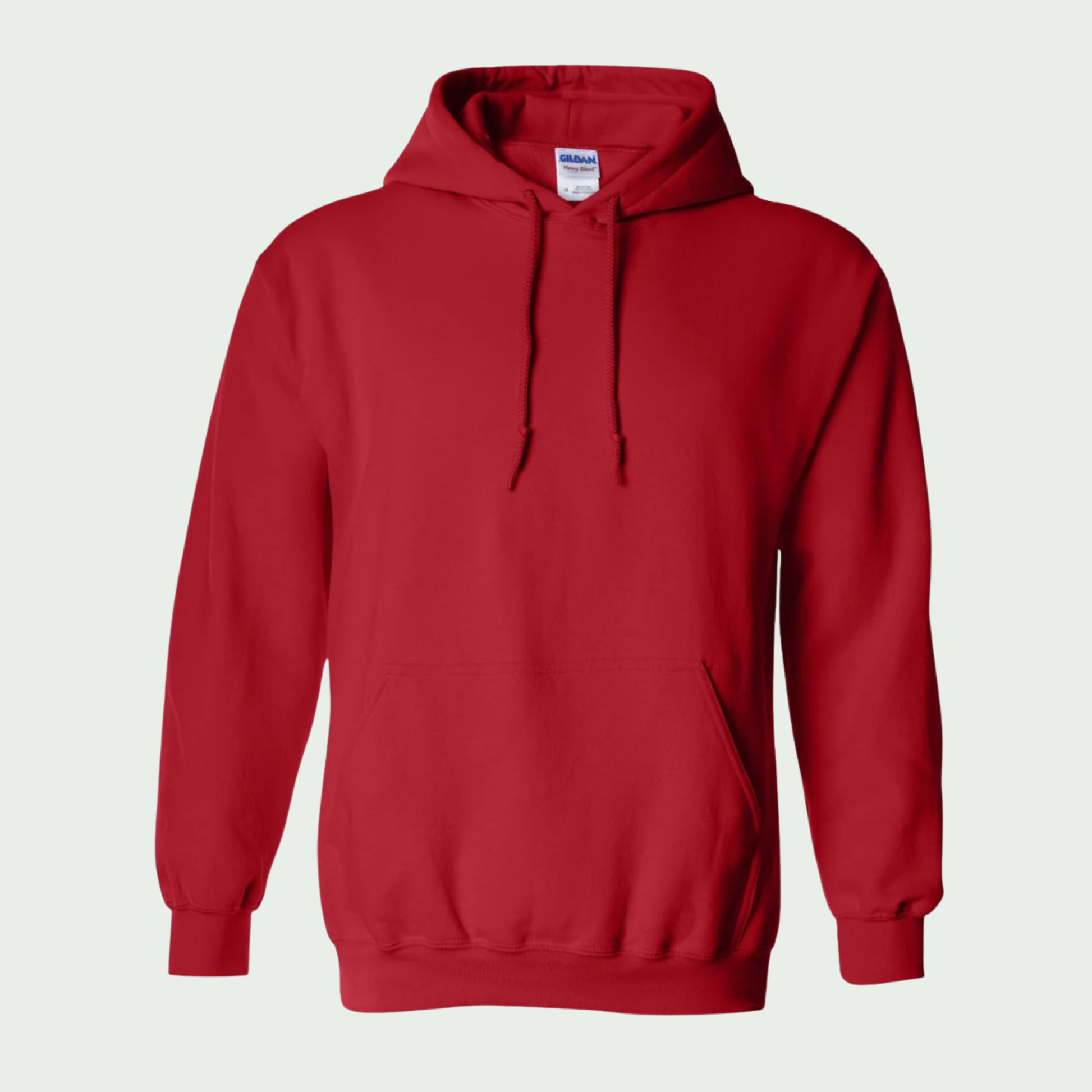 Red hoodie with a visible Gildan label on a light gray background