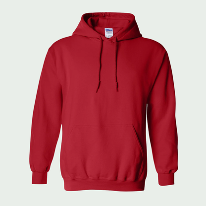 Red hoodie with a visible Gildan label on a light gray background