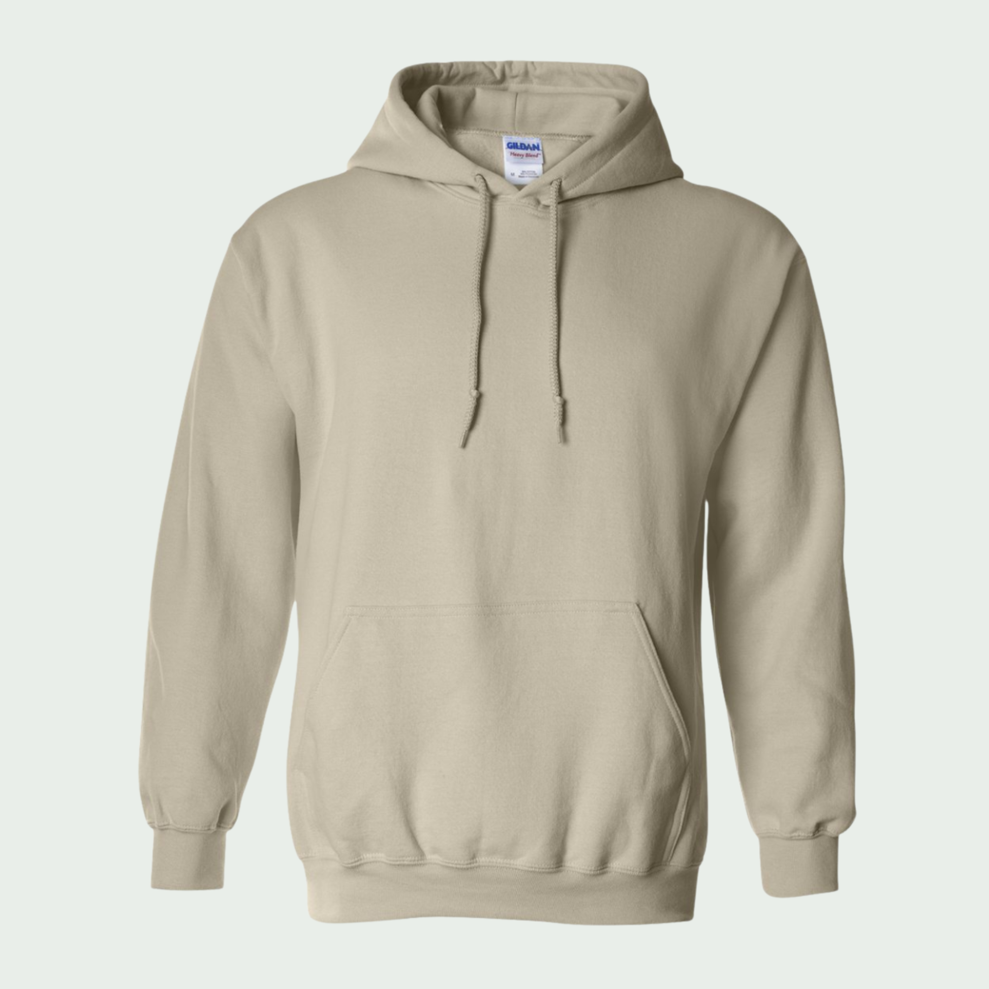 Beige hoodie with a visible Gildan label on a light gray background