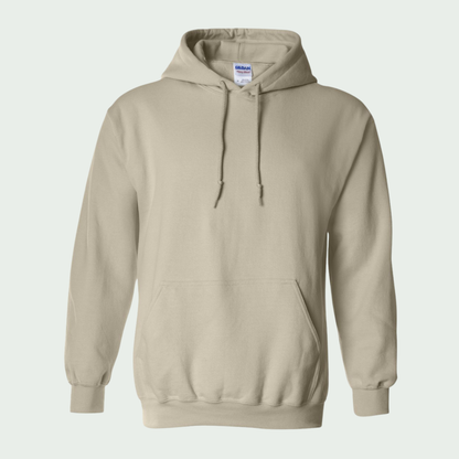Beige hoodie with a visible Gildan label on a light gray background