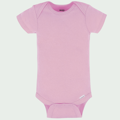 Soft Pink baby onesie on a light gray background