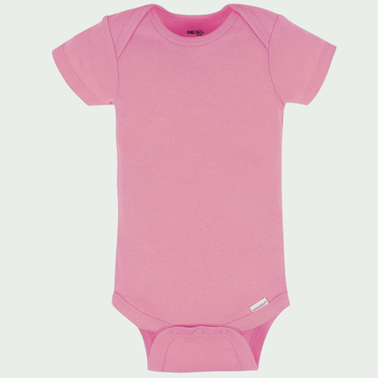 Pink baby onesie on a light gray background