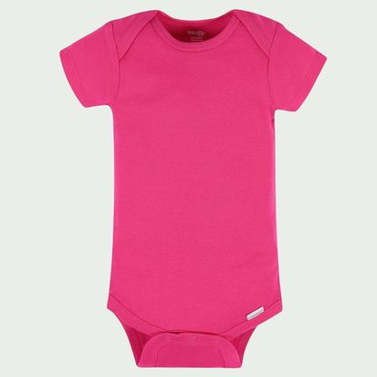 Hot Pink baby onesie on a light gray background