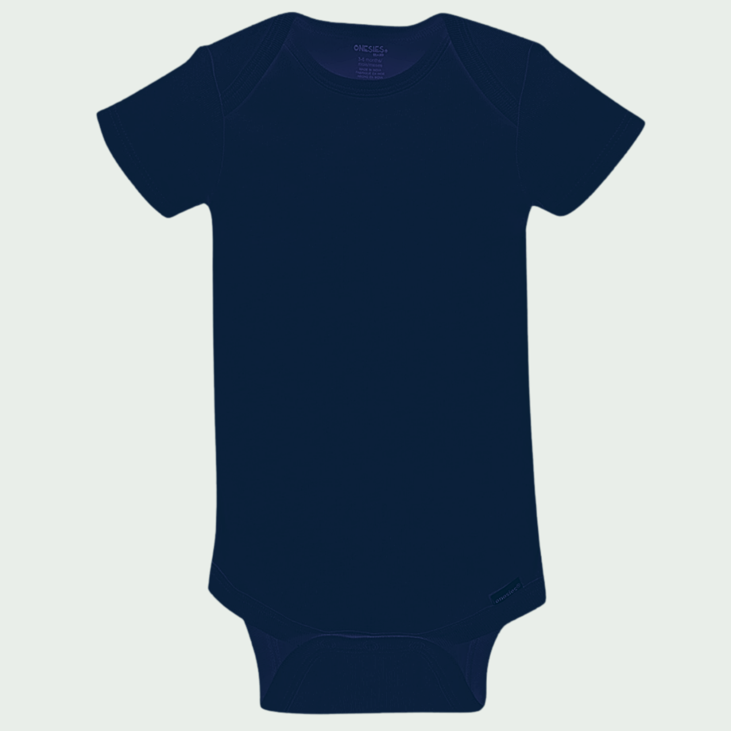 Navy blue baby onesie on a light gray background