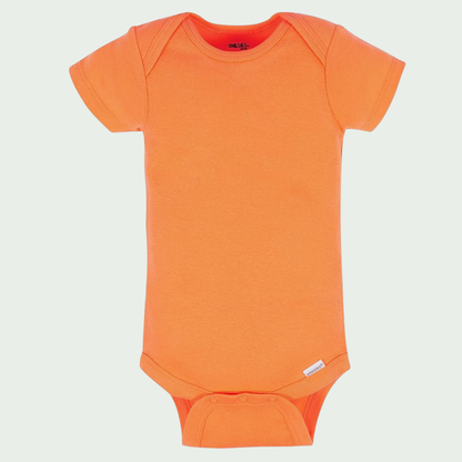 Orange baby onesie on a light gray background