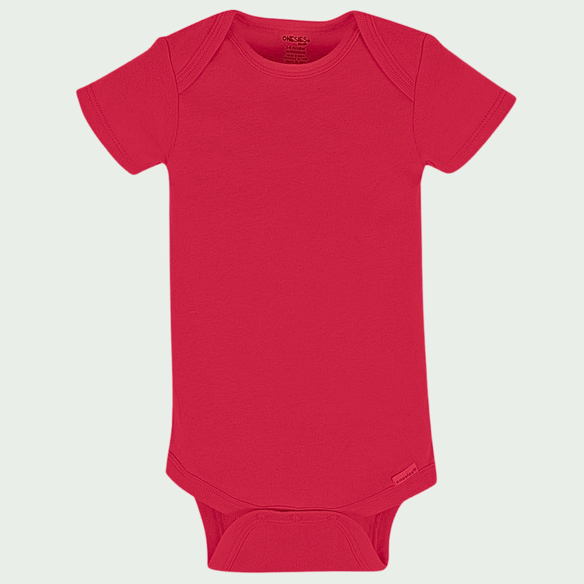 Red baby onesie on a light gray background