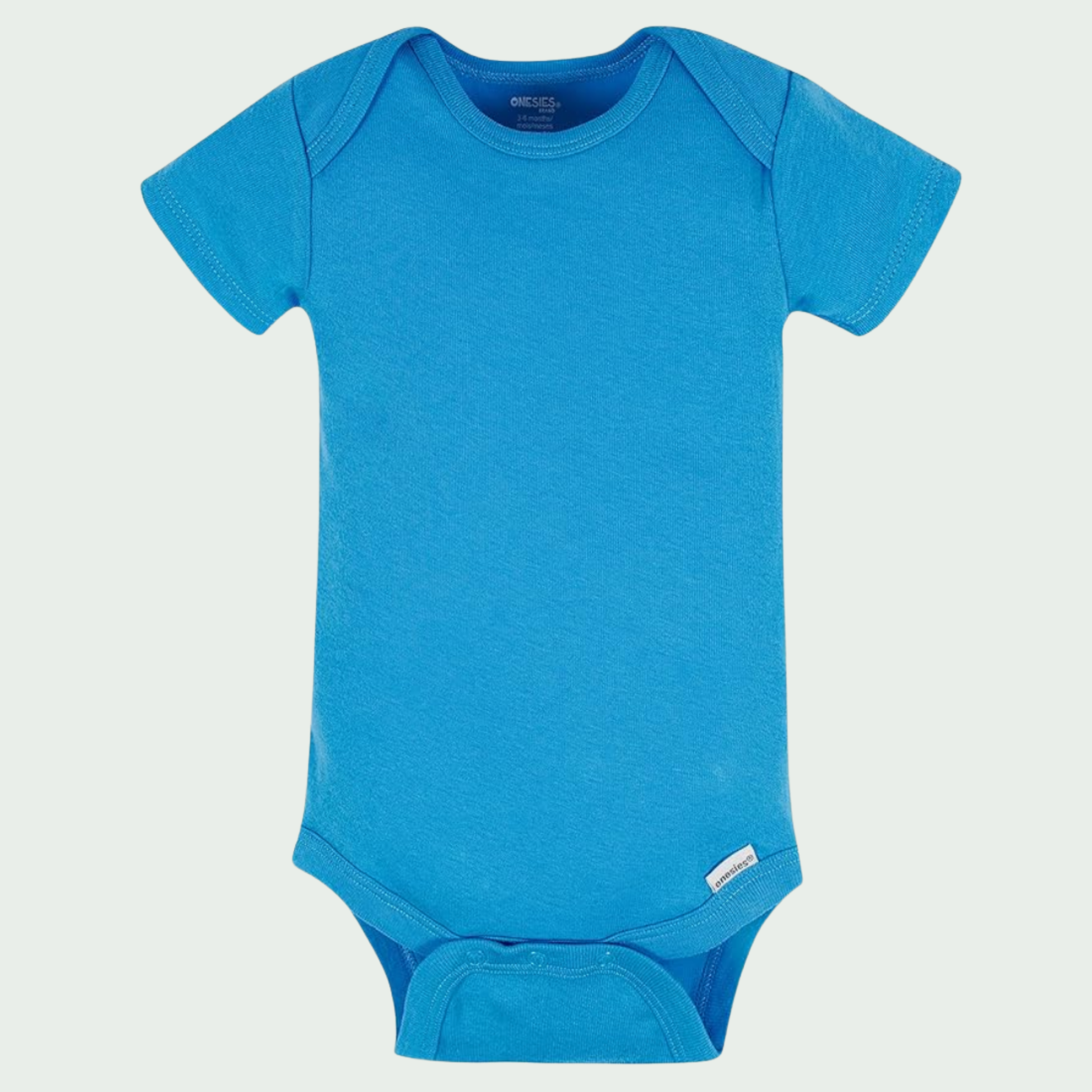 Blue baby onesie on a light gray background