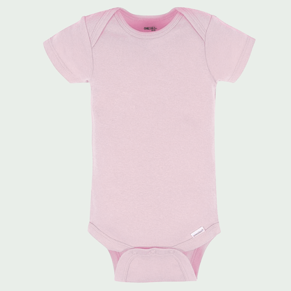 Pale Pink baby onesie on a light gray background