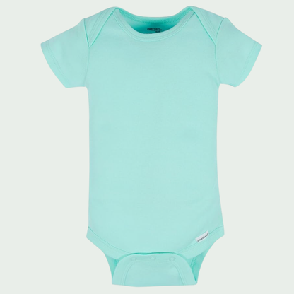 Turquoise baby onesie on a white background