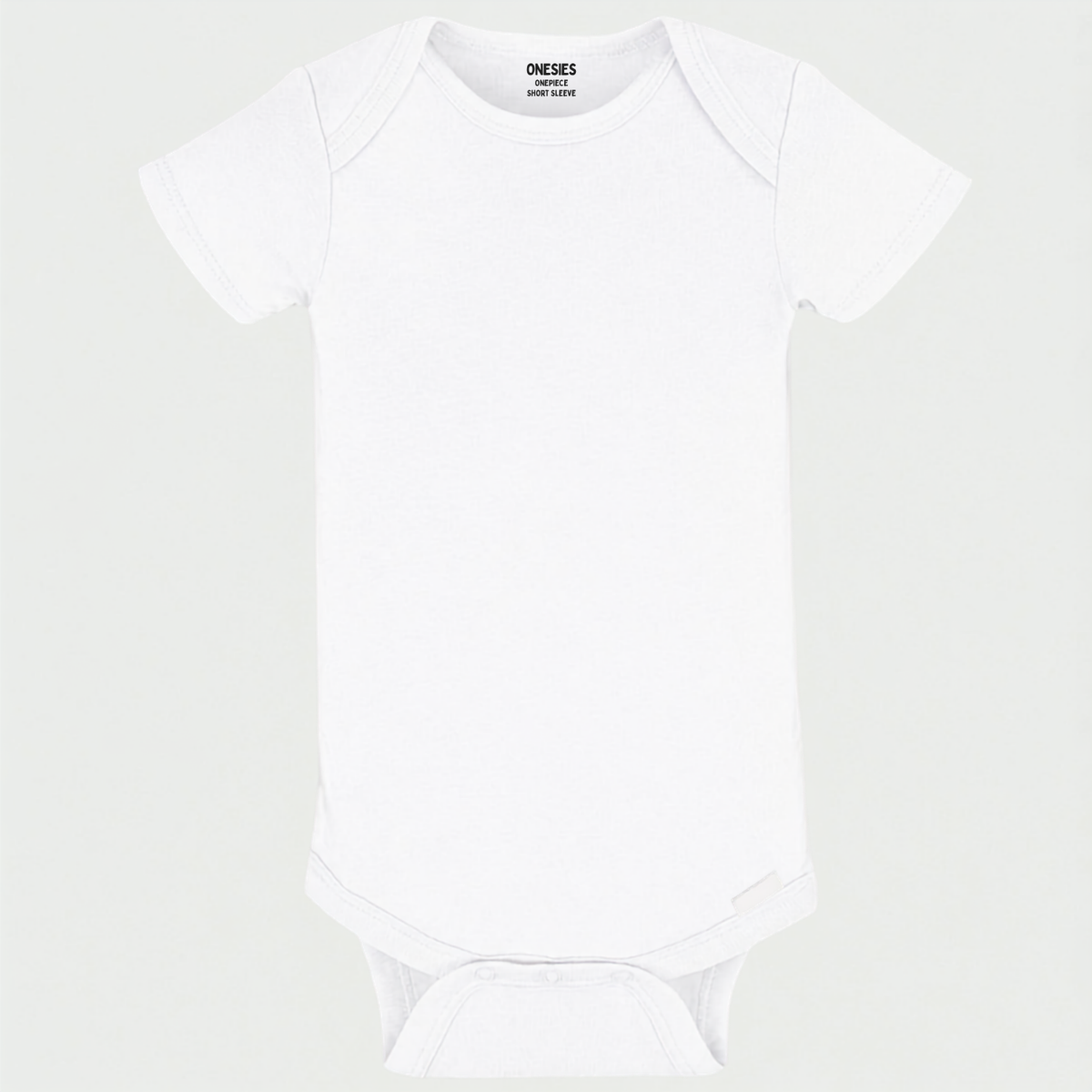 A plain white short-sleeve baby bodysuit with snap closures at the crotch and shoulders, shown flat against a light gray background.