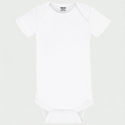 A plain white short-sleeve baby bodysuit with snap closures at the crotch and shoulders, shown flat against a light gray background.