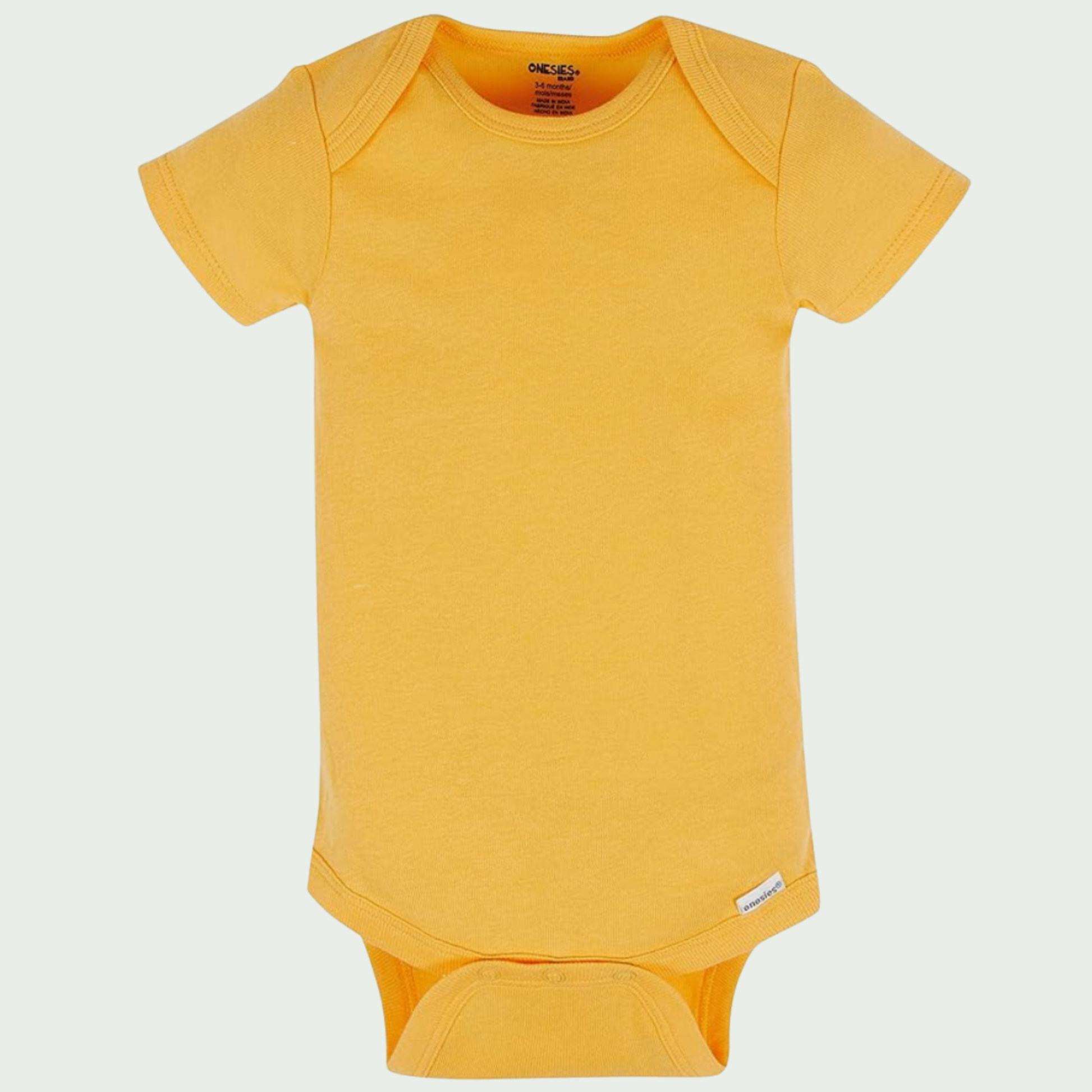 Yellow baby onesie on a light gray background