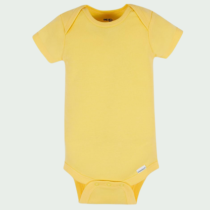 Yellow baby onesie on a light gray background