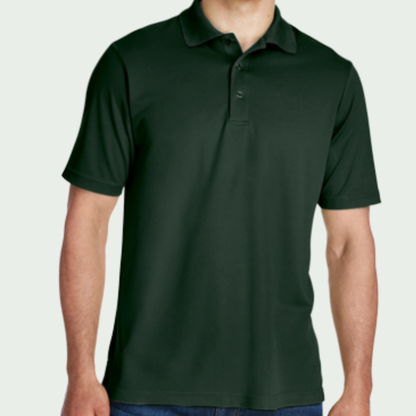Dark green polo shirt worn by a person on a light gray background
