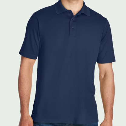 Navy blue polo shirt worn by a person on a light gray background