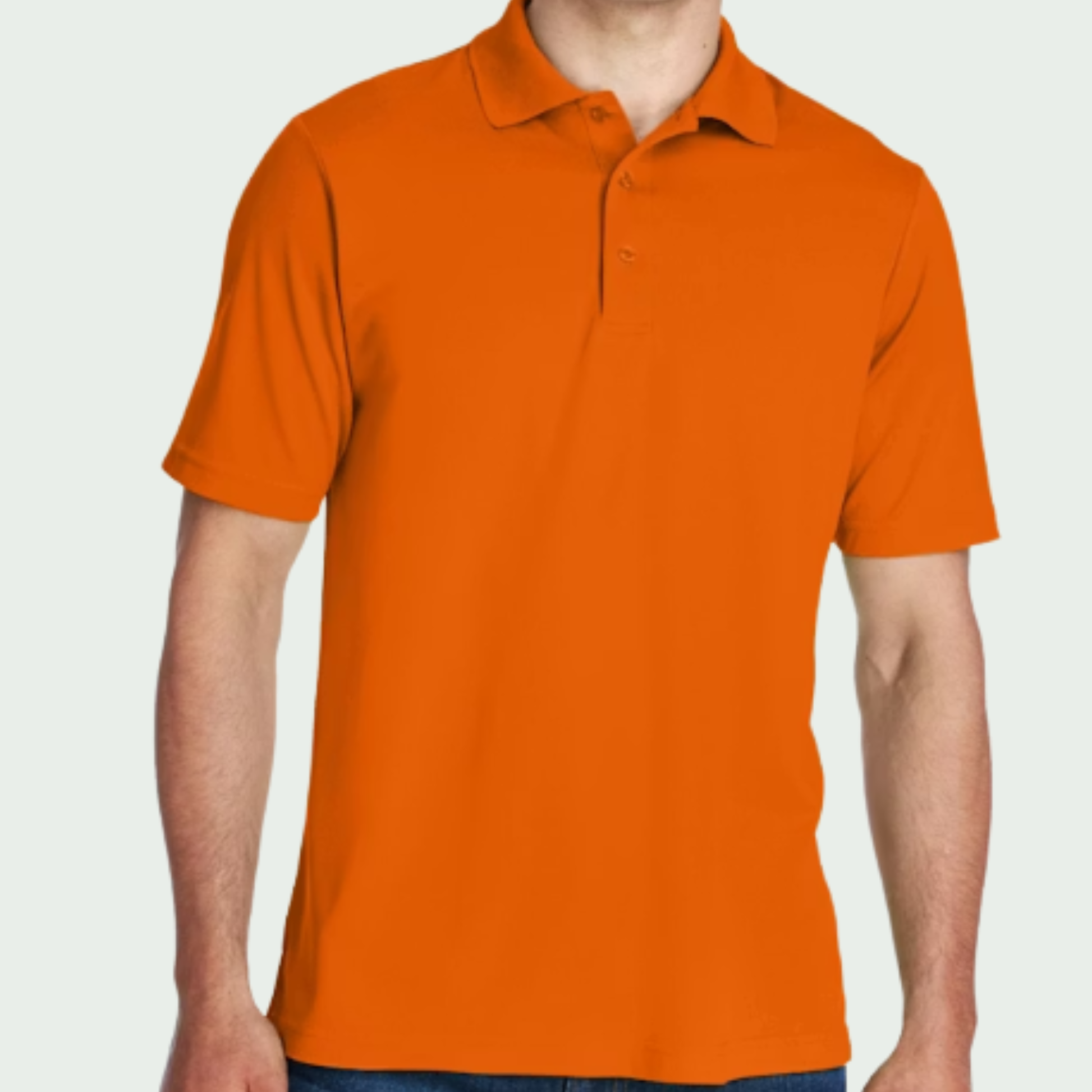 Orange polo shirt worn by a person on a light gray background