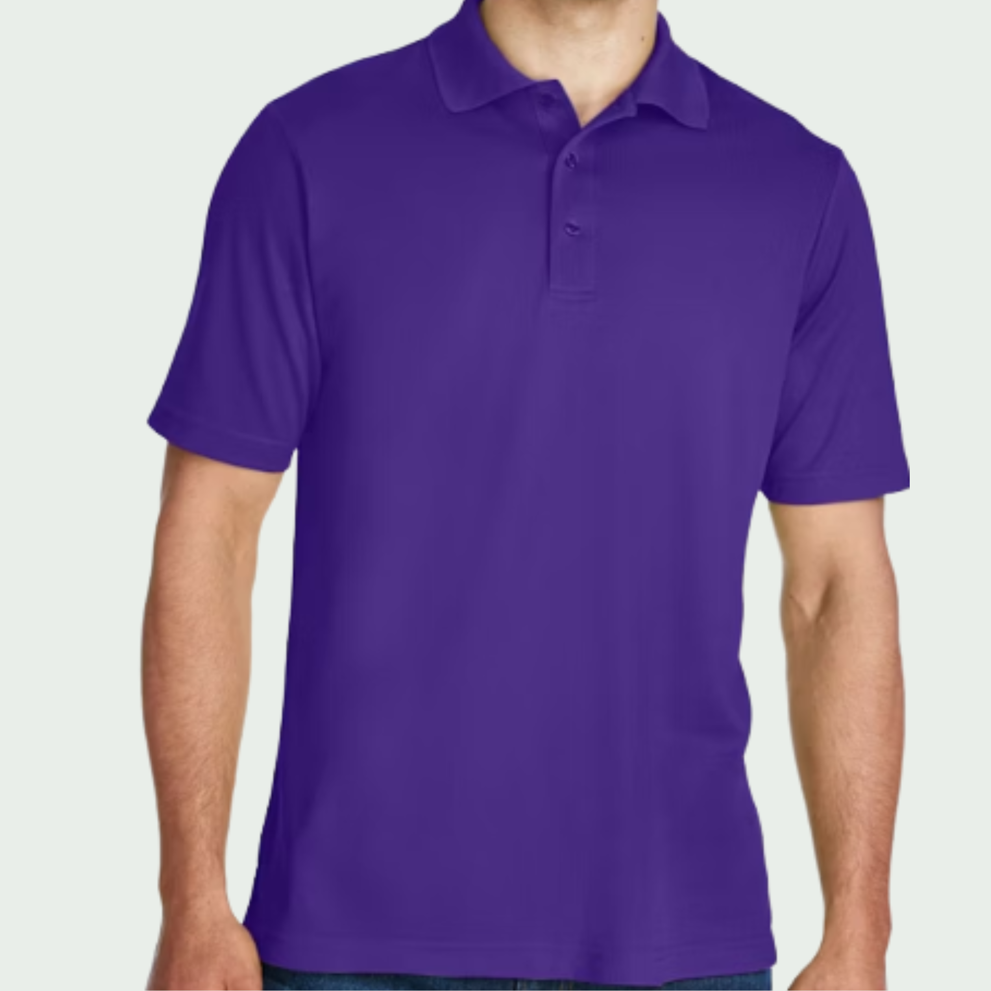 Purple polo shirt worn by a person on a light gray background