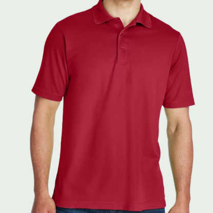 Red polo shirt worn by a person on a light gray background