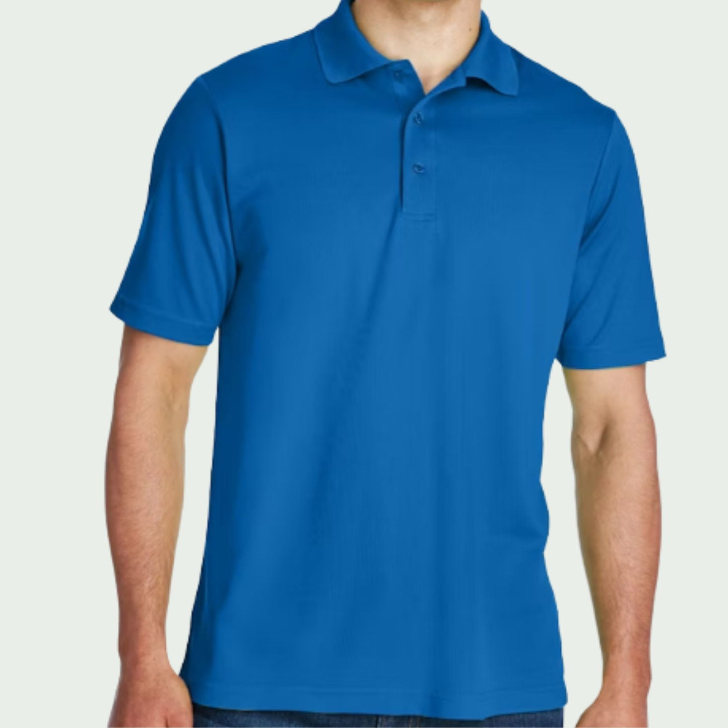 Blue polo shirt worn by a person on a light gray background